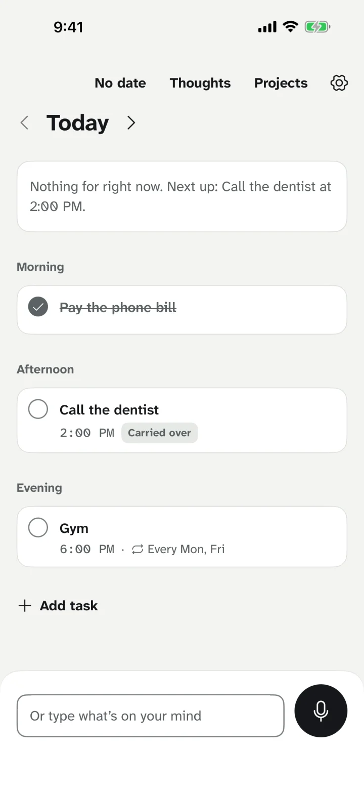 Today's plan with a finished task checked off and the next one named on top.