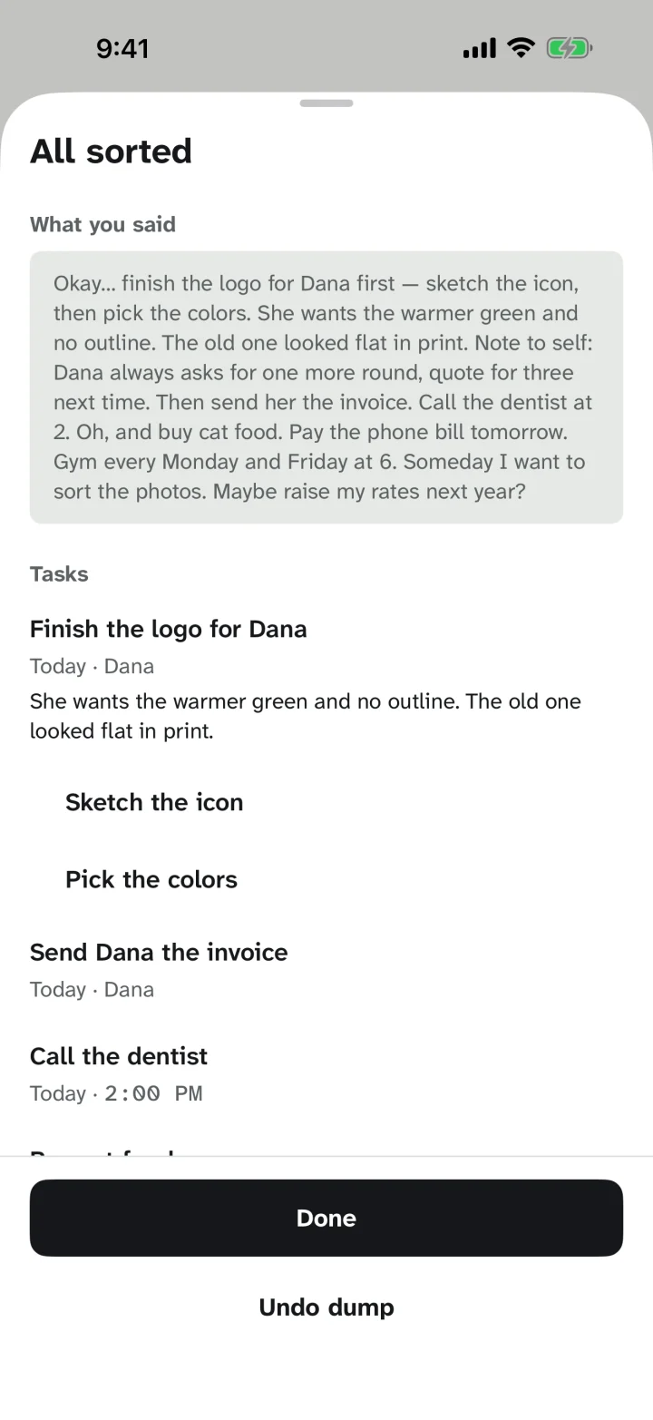 The All sorted card: what you said on top, the tasks Pero made of it under it, and Undo dump at the bottom.
