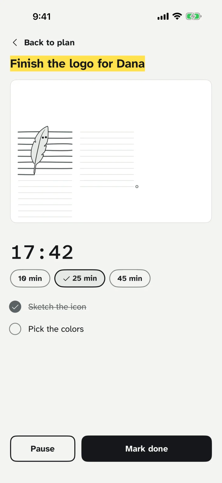 The Focus screen: Finish the logo for Dana, a page the pen is writing on, a timer at 17:42 and the task's two steps.