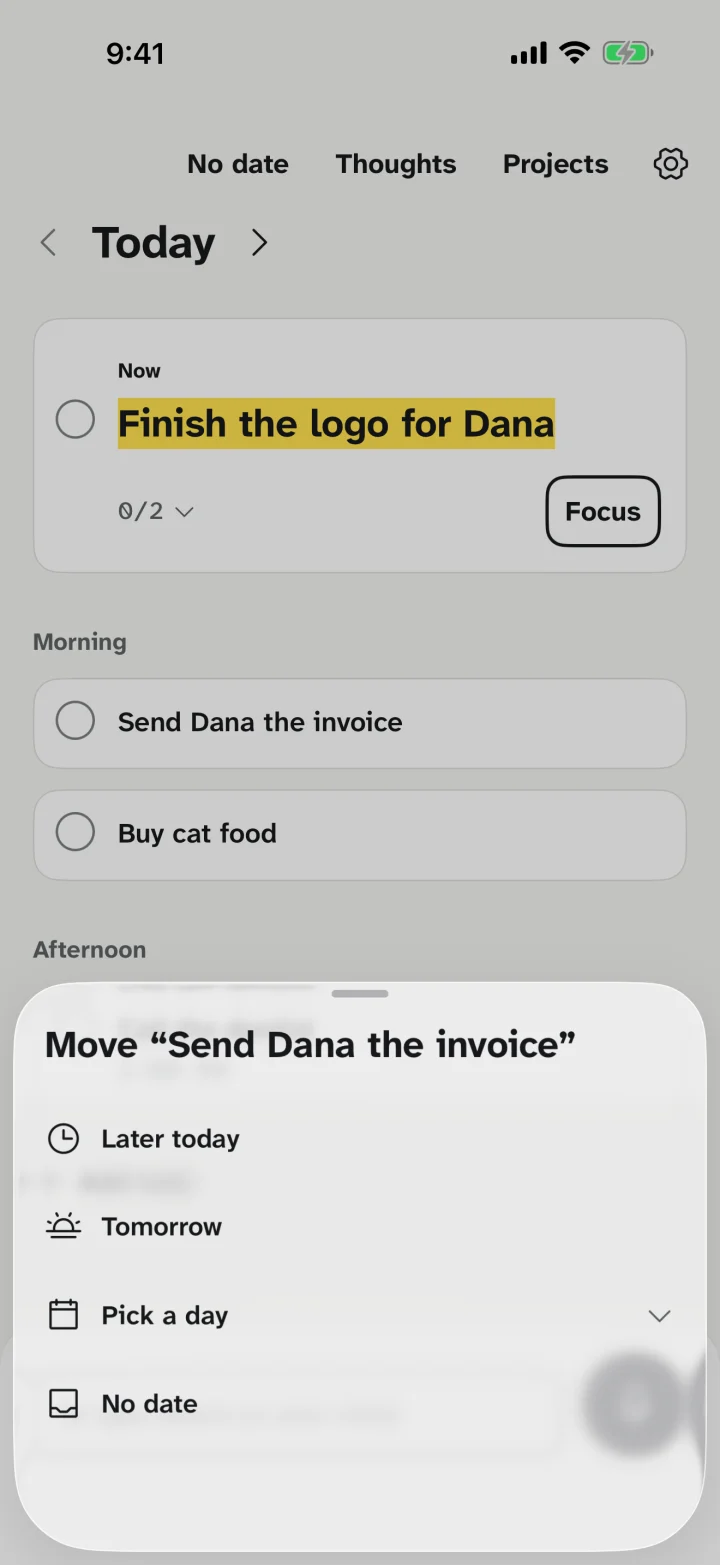 The Move sheet for a task: Later today, Tomorrow, Pick a day, No date.