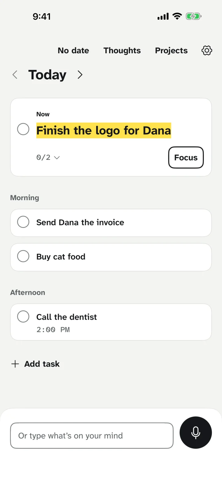 Pero's plan for today: Finish the logo for Dana is marked Now, with the morning and afternoon tasks under it.