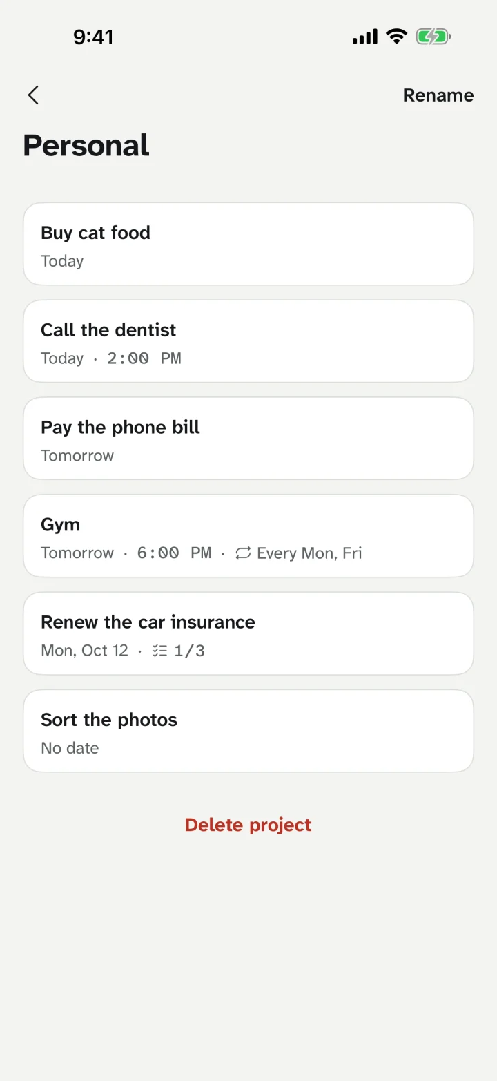 The project Personal: six tasks, each with its day — Today, Tomorrow, Mon, Oct 12 or No date.
